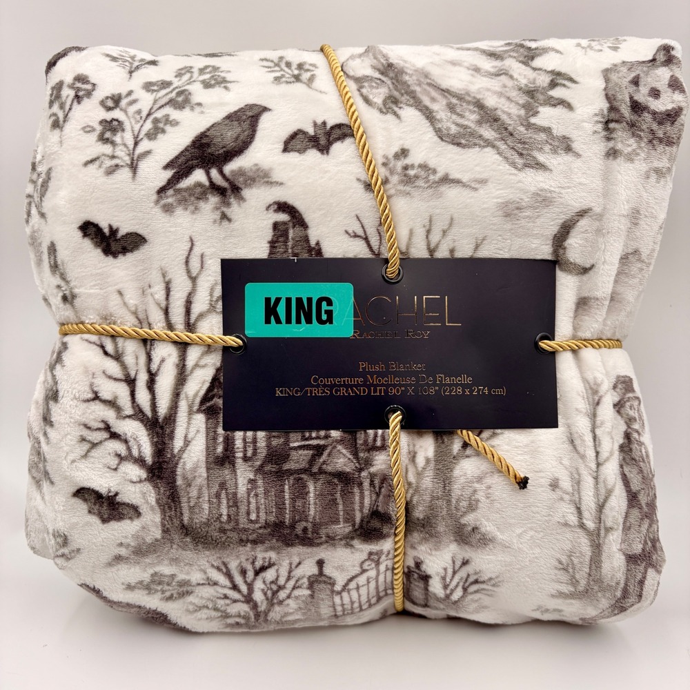 Rachel Roy King Plush Blanket Halloween Toile Haunted House Bats Crow Gray White